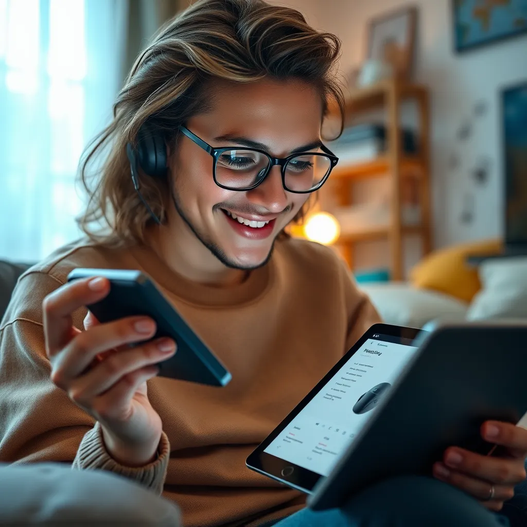 A close-up of a person using a high-tech gadget in a home setting, surrounded by everyday items. The person is focused and looking pleased while comparing the gadget with a product review on a tablet beside them. The scene reflects a modern and cozy living environment.