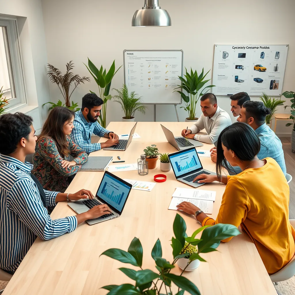 A diverse group of people sitting around a large table, engaging in a discussion about various consumer products. They are sharing notes, laptops open, displaying graphs and product images. The room is bright and welcoming, filled with plants and a whiteboard with product comparisons.