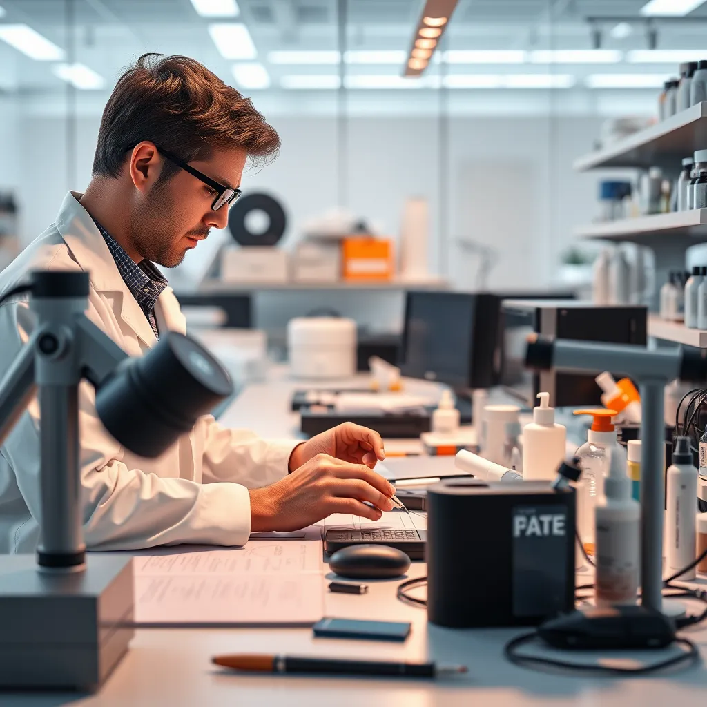 A high-quality, photorealistic image of a product researcher in a modern lab setting, analyzing various consumer products such as electronics, home appliances, and beauty items. The image should depict a clean workspace with gadgets, write-ups, and tools for testing, emphasizing thoroughness and professionalism.