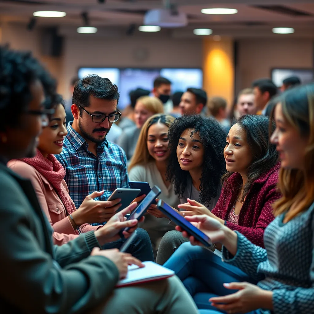 A vibrant community forum setting with diverse individuals engaging in discussions about products. Show a mix of genders and ages, with laptops, tablets, and smartphones in hand, representing an active online dialogue on consumer insights.