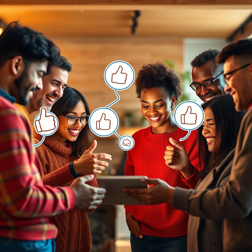 A vibrant community scene showing diverse individuals gathered around a digital device, sharing their product experiences and opinions. Include visual elements like speech bubbles and thumbs up icons, conveying interaction and positive engagement in a warm, inviting atmosphere.