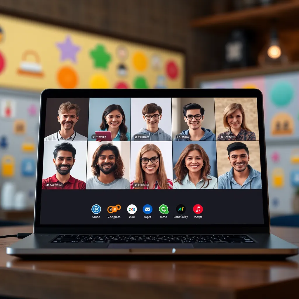 A virtual meeting or online forum interface displayed on a laptop, showing smiling avatars of various members sharing product recommendations. The background is lively, symbolizing an engaging online community with colorful icons and graphics representing various product categories.