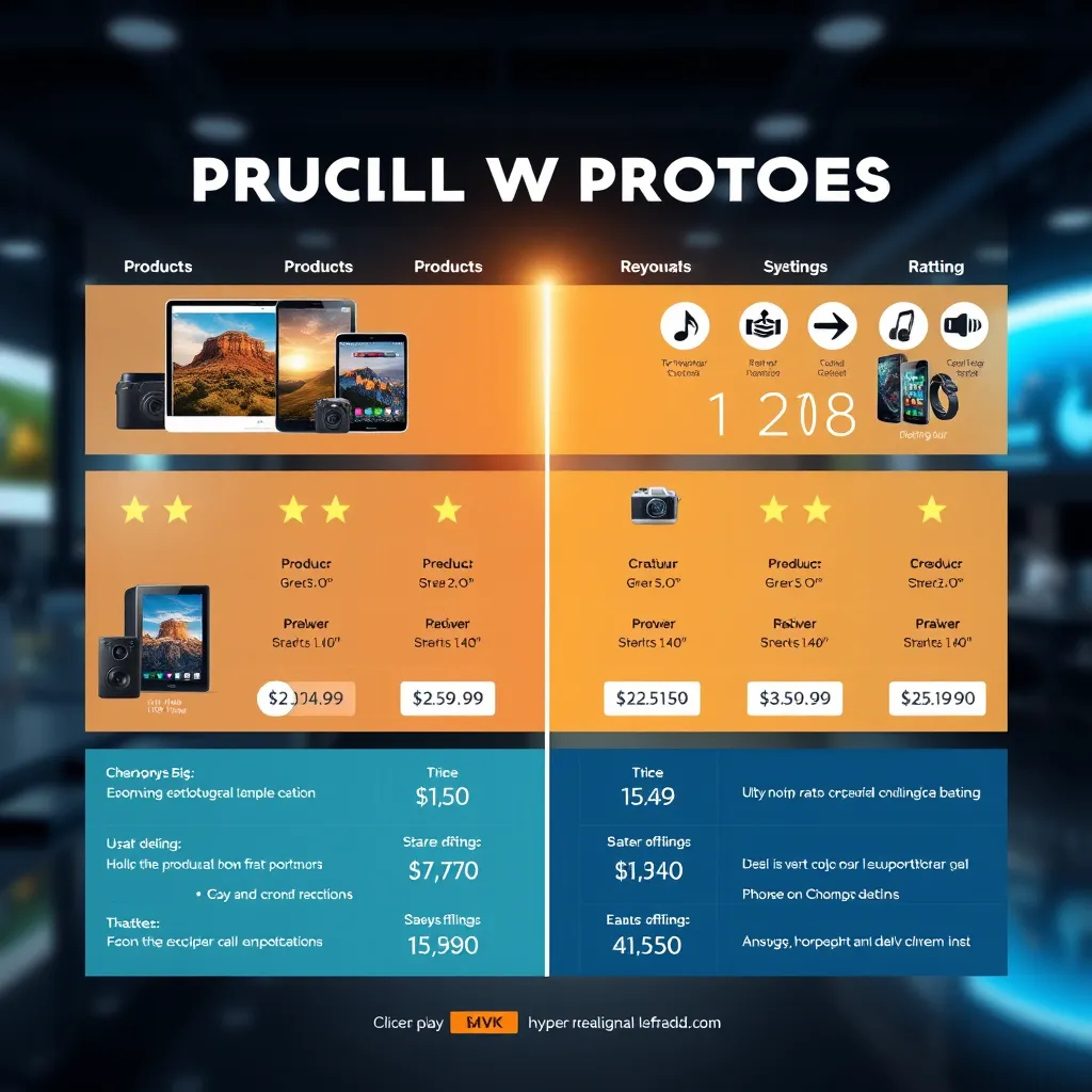 A visually appealing infographic layout comparing multiple products side by side. Include product images, ratings, key features, and price tags in a clear, organized format, set against a sleek and modern background, illustrating the ease of decision-making.