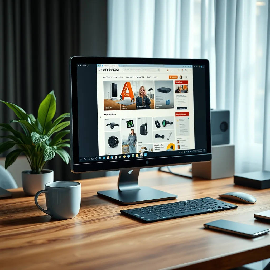 Create a photorealistic image showcasing a sleek desktop setup featuring a computer screen displaying an intricate product review webpage, illuminated by soft diffused lighting. The screen should highlight an engaging layout of the review, with high-resolution images of various consumer products like technology gadgets and home appliances prominently displayed. Include realistic textures on the desk, such as polished wood with a slight sheen and a delicate coffee mug beside the laptop. Use a color palette of warm grays and blues to evoke a professional yet inviting atmosphere. Shoot from a slightly elevated angle to provide a view of both the screen and the workspace environment. The background should be slightly blurred to highlight the review process, and a potted plant should add a touch of greenery. The image must be in ultra-detailed 8K resolution, capturing every nuance of the scene.