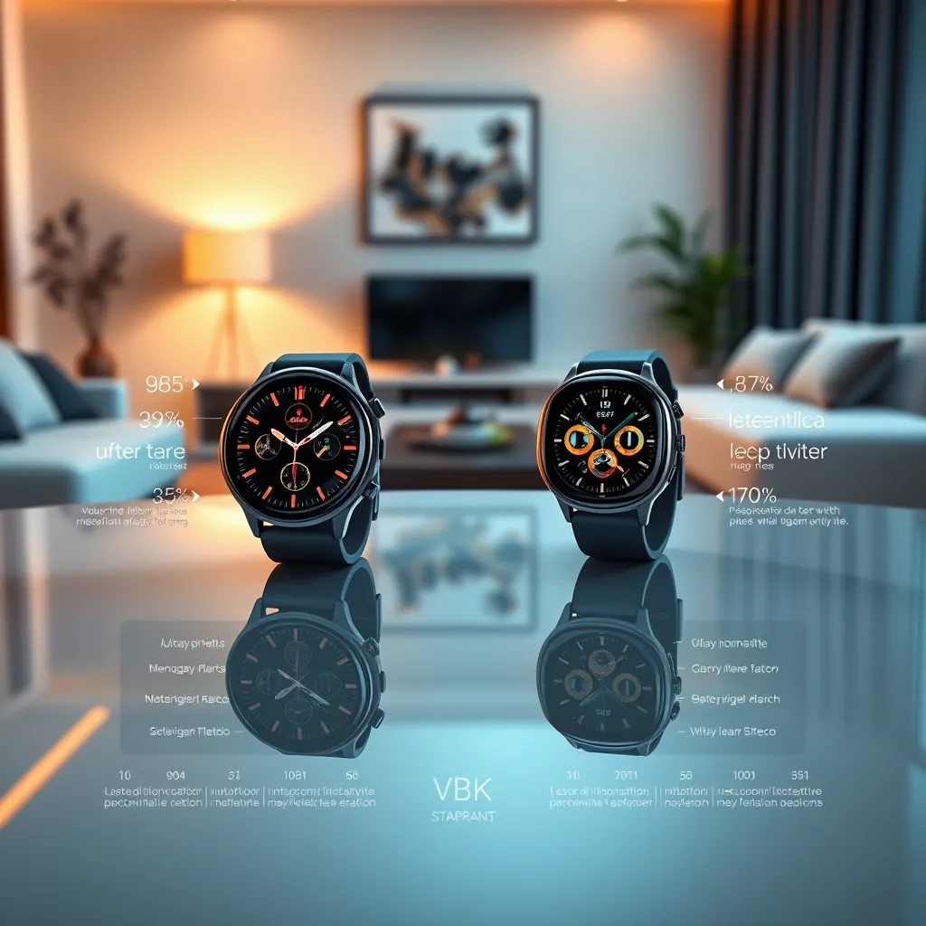 Design an ultra-high quality image featuring a visually engaging side-by-side comparison chart that showcases two consumer products, such as smartwatches. The products should be hyperrealistically rendered, with each smartwatch positioned on a sleek white table, surrounded by dramatic side lighting that highlights their unique features. The background should be a softly blurred modern living room setting, creating a contrast with the sharp, vibrant colors of the products. Each device should have a reflection on the surface, emphasizing their glossy finishes. Incorporate stylized infographics that detail specs and comparisons alongside the watches in an elegant font. The overall color scheme should feature bold blacks and metallics to convey sophistication. Ensure the image is ultra-detailed and captures the intricacies of the products in 8K resolution, conveying a sense of clarity and precision.